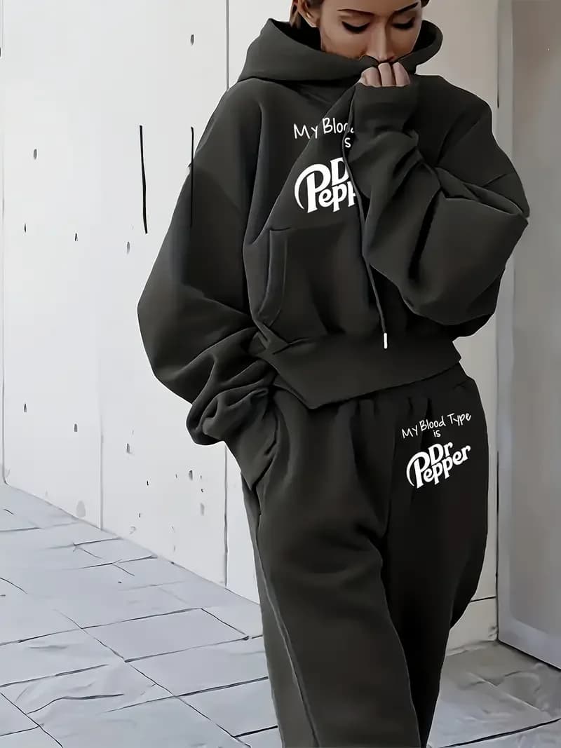 Moda invernale da donna all-matchMy Blood Type is Dr Pepper print set sciolto in due pezzi felpa con cappuccio e pantaloni lunghi da jogging in morbido pile