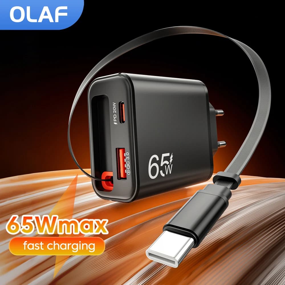 Caricabatterie USB Type C da 65W con cavo USB C retrattile, adattatore di ricarica rapida PD USB C per iPhone, Xiaomi, Huawei, caricabatterie Type C