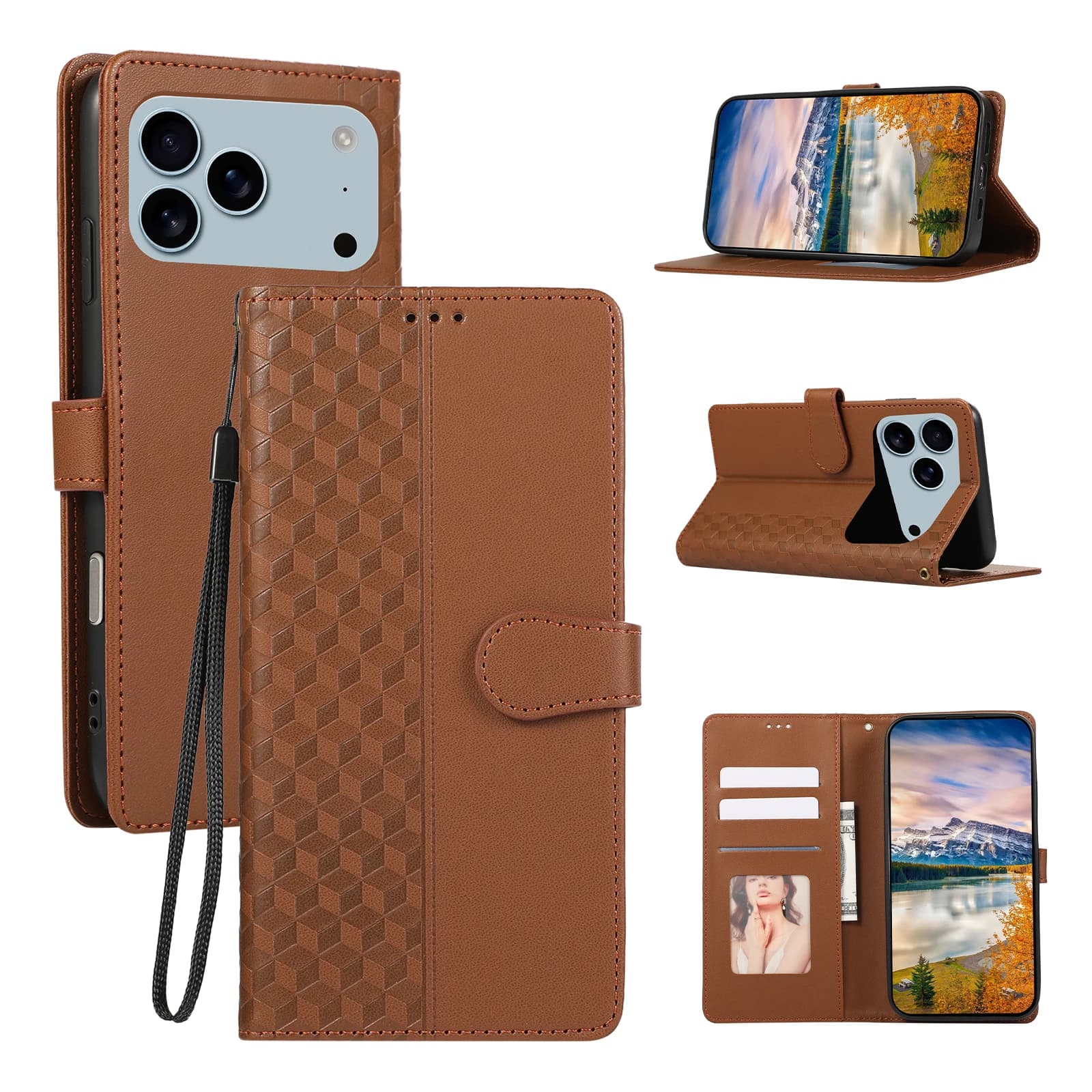 Embossed wallet leather case with 3D diamond grid for iPhone 17 Pro Max 16 15 14 13 12 11 Plus 17air 16E cover with easel