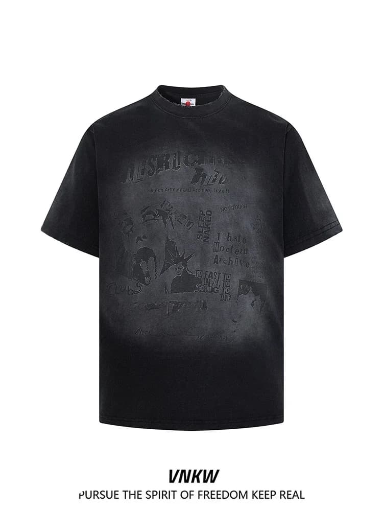 Punk Heavyweight Double Weave Washed Spray Paint Letter Print Short Sleeve round Neck T-Shirt Unisex Loose Fit Pure Cotton Tee