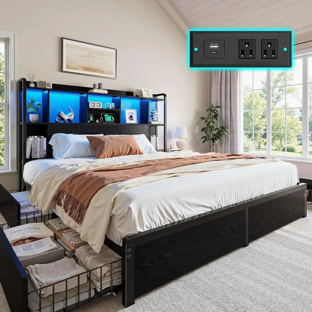 Queen Size Bed with Container, 4 Drawers, High Tester 51 Inch, LED Lights and Charging Station, Seamless, Silent, Black