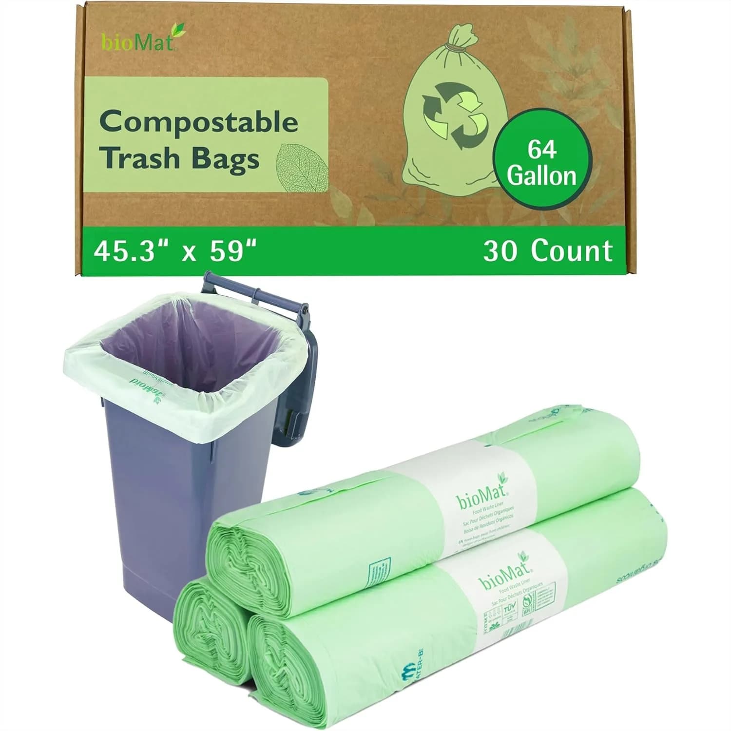 Sacchetti per Rifiuti Compostabili da 64 Galloni, Confezione da 30 Sacchi Extra Large per Rifiuti Alimentari da Cucina, Certificati BPI & OK Compost HOME