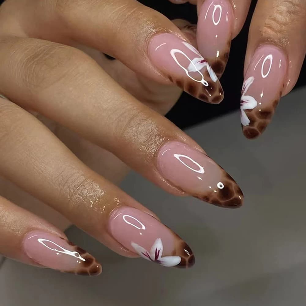 24Pcs Brown Leopard Print Pattern False Nails Press on Long Stiletto Manicure Detachable Spice Cool Nails Set For Women
