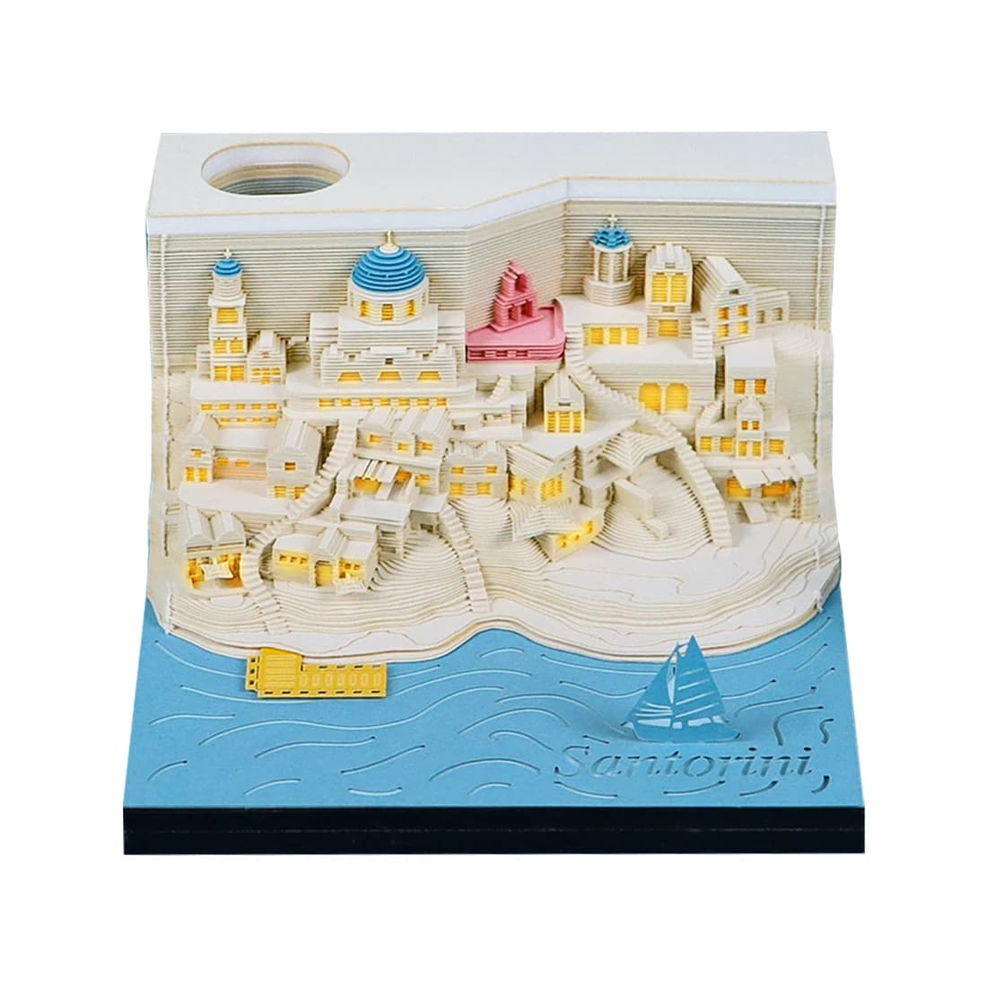 Omoshiroi Block 2026 Calendario 3D Blocco Note Santorini Calendario Artistico 3D con LED Blocco Memo Note in Carta Decorazione Scrivania Regalo di Compleanno