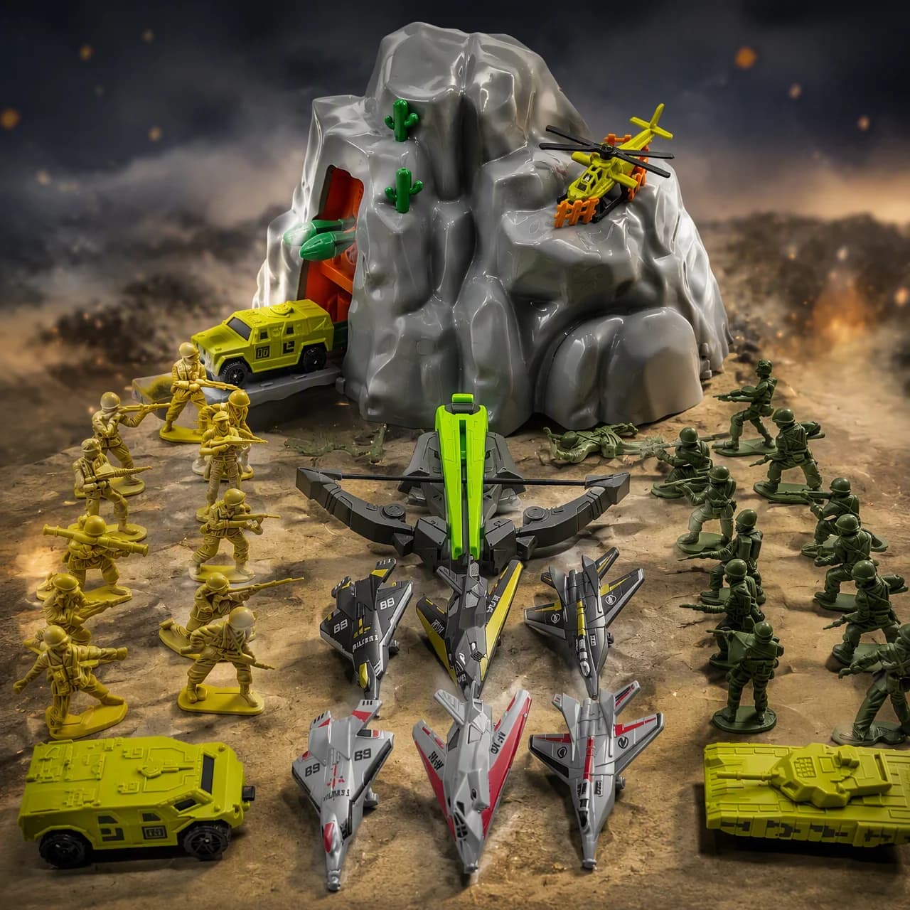 Boy battle scene toy set, mountain base stronghold capable of launching missiles+24 characters+catapult bow and arrow toy