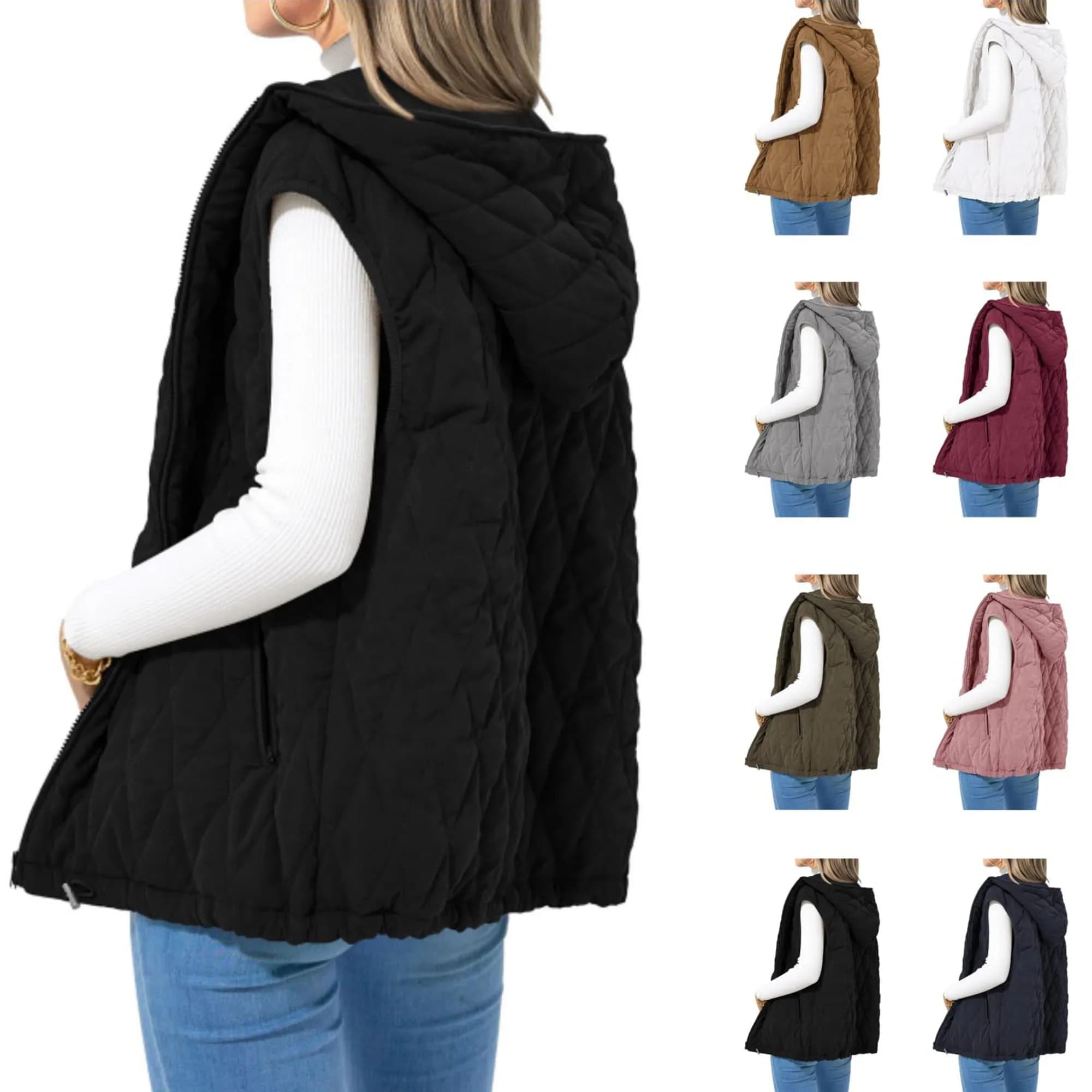 Gilet imbottito con cappuccio da donna Cappotti trapuntati leggeri Gilet Giacche senza maniche con cerniera Capispalla gonfi con tasche