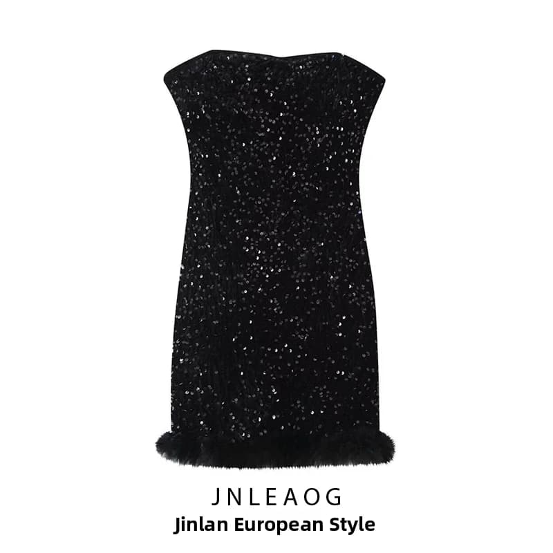 JNLEAOG Nuovo Abito Estivo da Donna alla Moda con Top a Tubo e Paillettes, Gonna Corta in Poliestere, Stile Casual