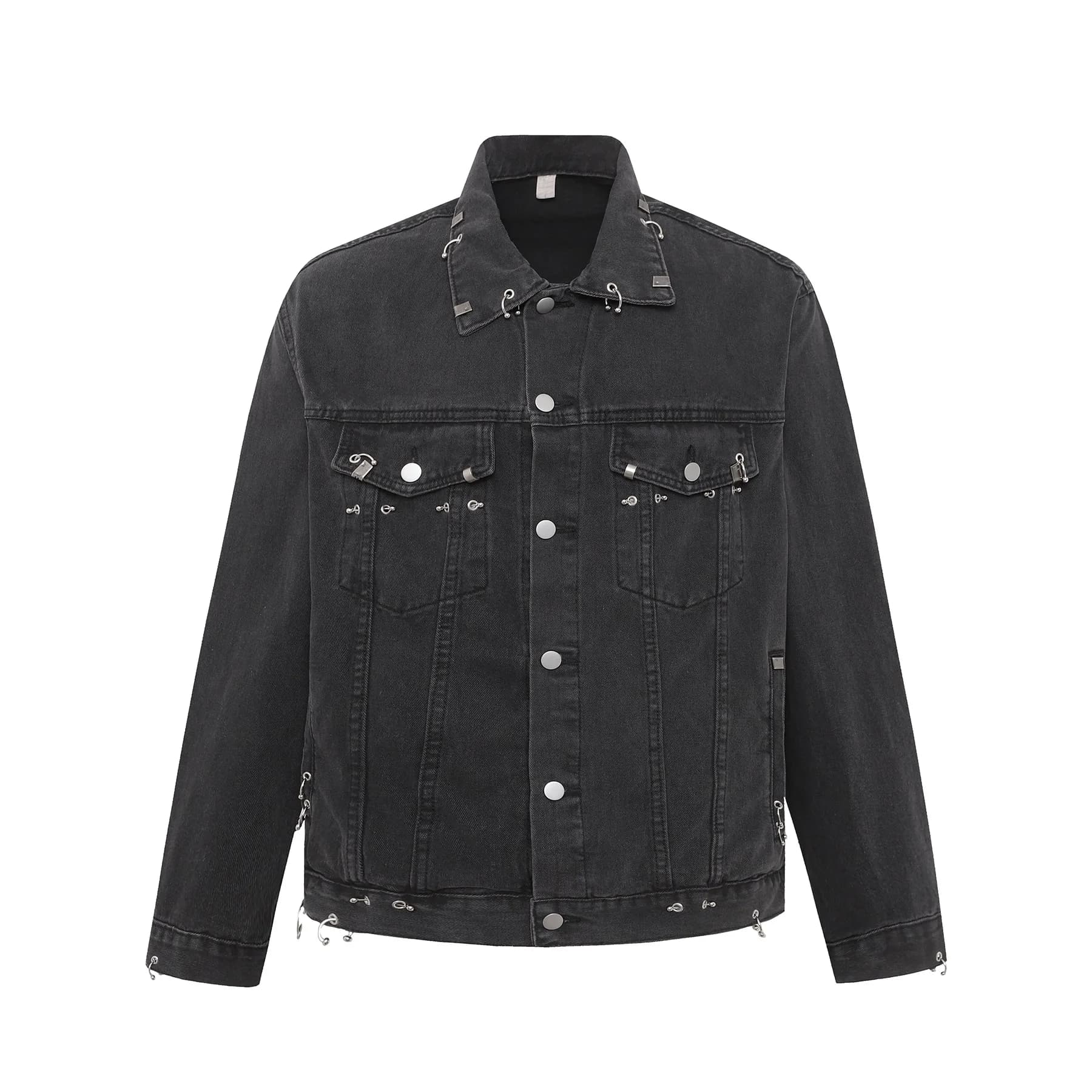 Giacca da uomo di jeans hip-hop oversize High Street con decorazione in metallo Moda streetwear Vibe Y2K Cappotto di jeans stile Capispalla