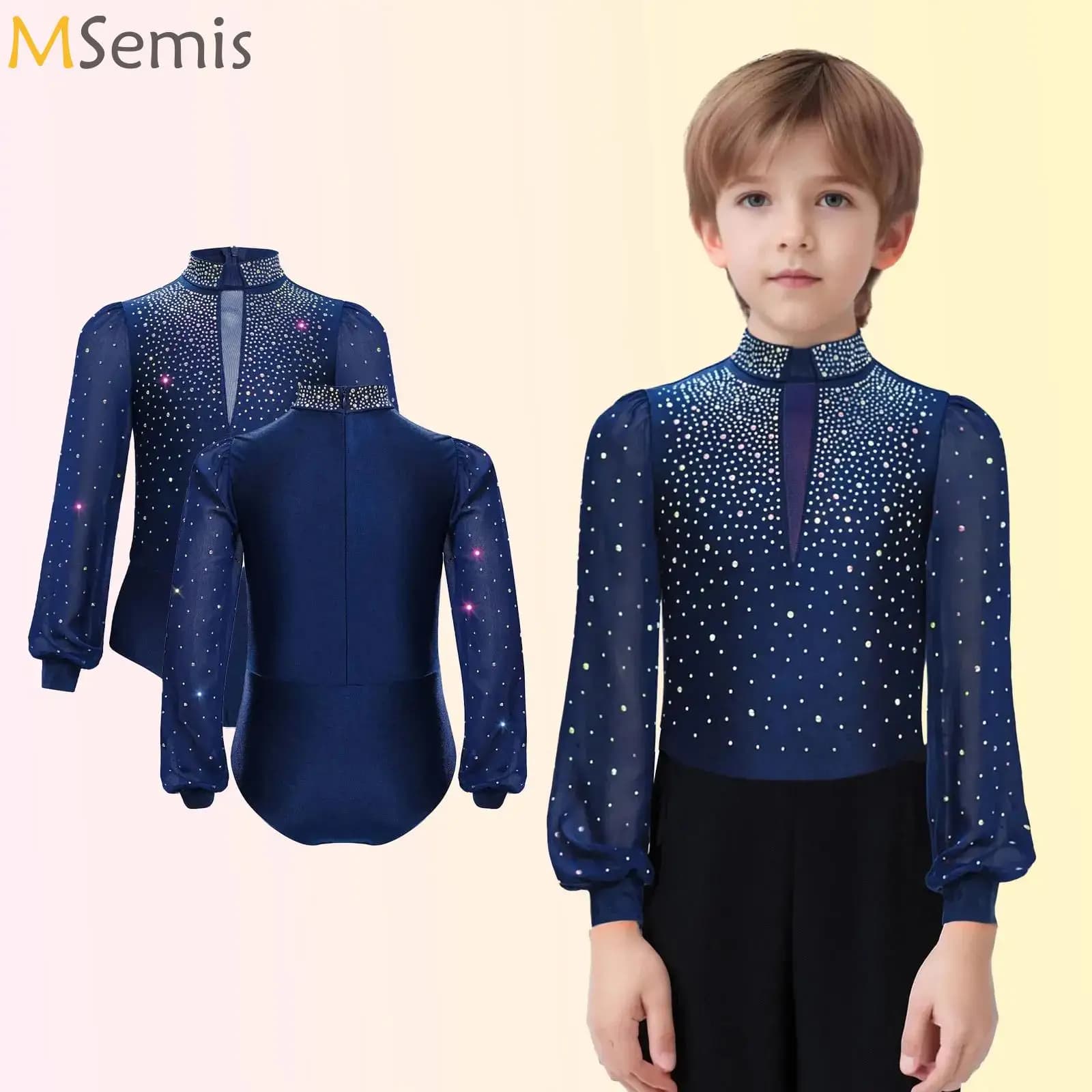 Camicia da body per ragazzi con strass Top con strass Premere il bottone sul cavallo Costume da competizione per body da ballo latino tango