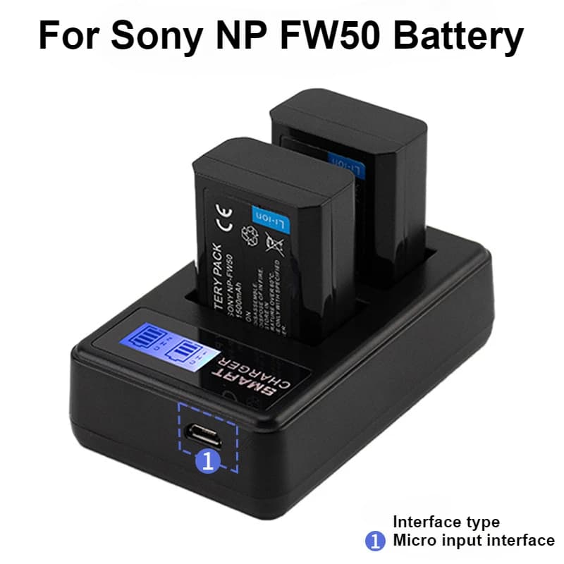 Batteria da 1500 mAh per Sony NP FW50 Batteria + LED USB Doppio Caricatore per Sony A6000 A6400 A6300 A6500 A7 A7II A7RII A7SII A7S A7S2 A7R