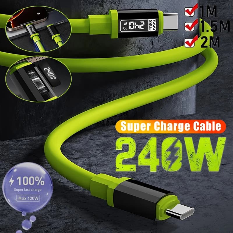 240W Silicone Cables 10A Super Fast Charging USB Type-C To Type-C Green Thicken Cable For Xiaomi 17 Durable Quick Charging Cable