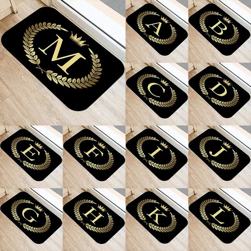 Nero Corona dorata Lettera stampata Tappetino per porta d'ingresso della cucina Decor Tappeto in velluto corallo Zerbino Tappetini per interni Tappeto antiscivolo