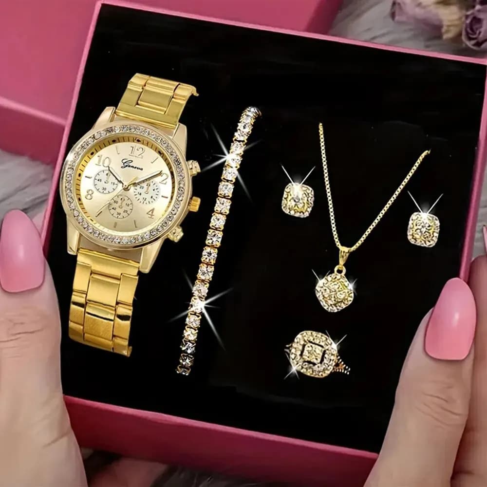 5 pcs Gold watch set women's luxury ring rhinestone earrings fashion women's wrist watch Casual bracelet set