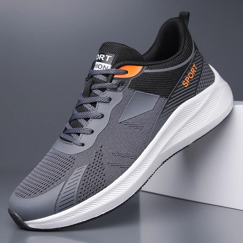 Men Grey Black Mesh Running Sneakers Orange SPORT Logo Light Cushion Sole Non Slip Gym Jogging Daily Outdoor Athletic Shoes