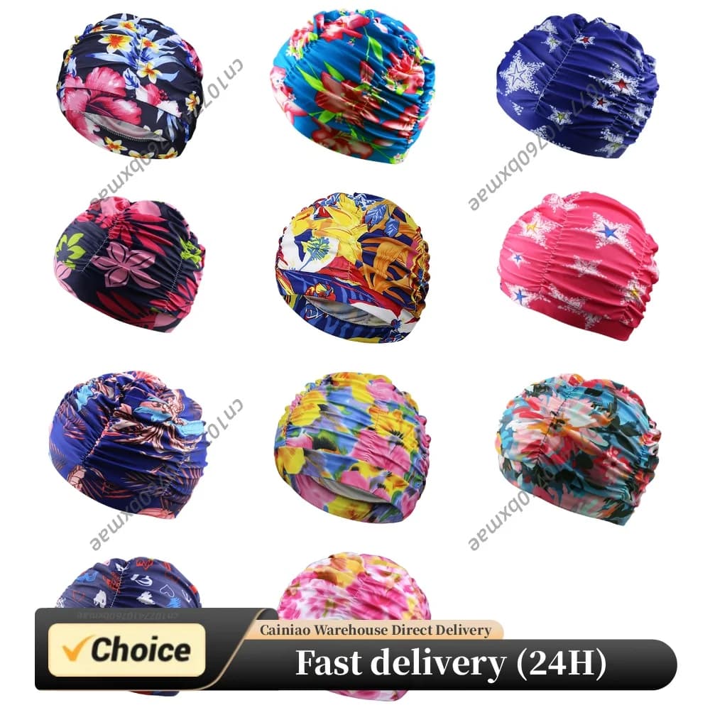 Printed Fabric Swim Cap Breathable Oversized Swimming Cap Lightweight Ear Protection Bathing Caps Diving Swimming Equipment