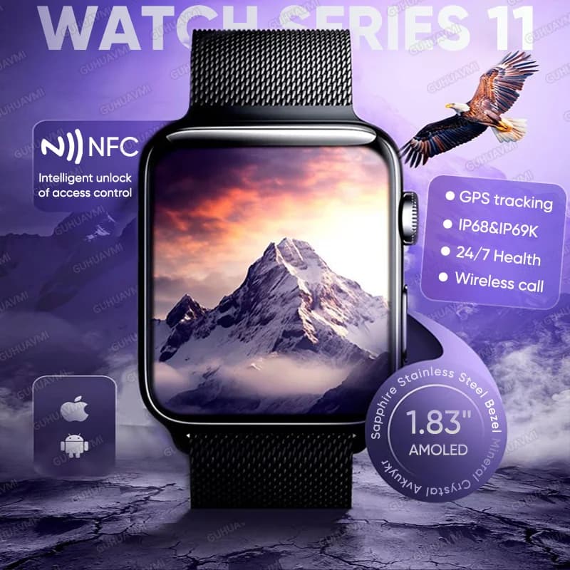 2025 For iOS Watch Serise 11 HD AMOLED GPS Track Heart rate Bluetooth IP68 Waterproof 24/7 Health Smartwatch For Lady Gift
