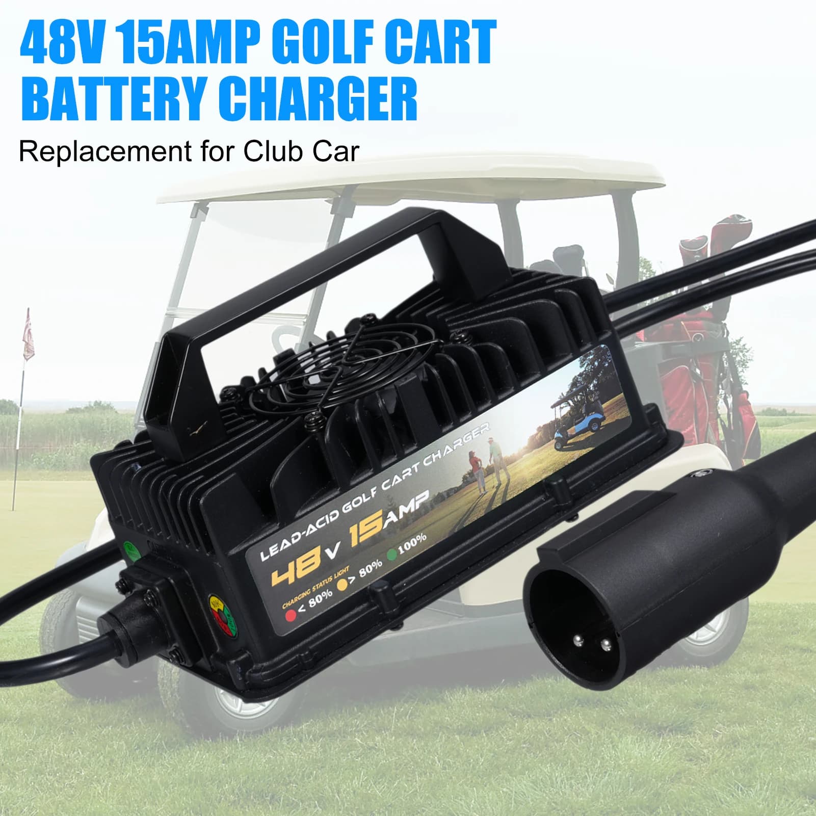 Golf Cart Charger Cart Battery 48V 15AMP Acid Battery with 3-Pin Round Plug Replacement for Car