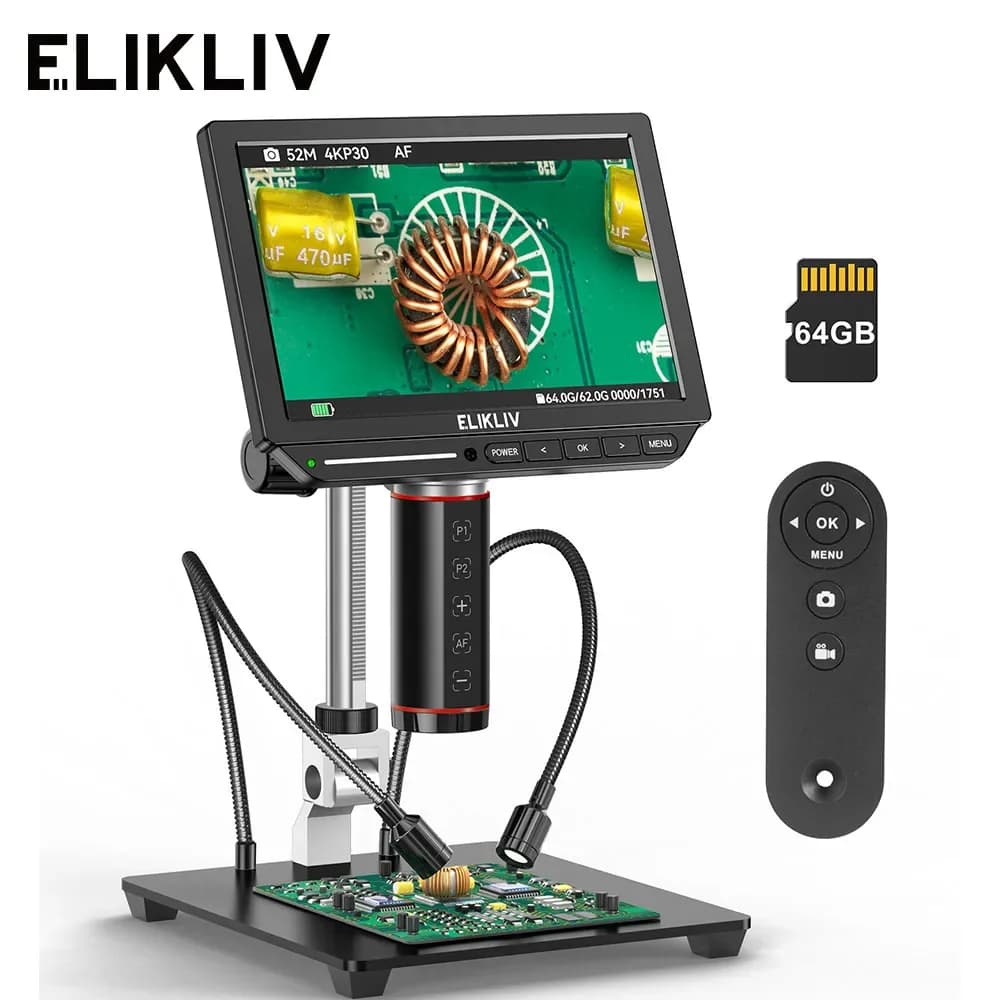 Elikliv EM4K-AF Digital Microscope 4K Automatic Focus 2000x 8" HDMI welding microscope for electronic repairs with 10" support 64G