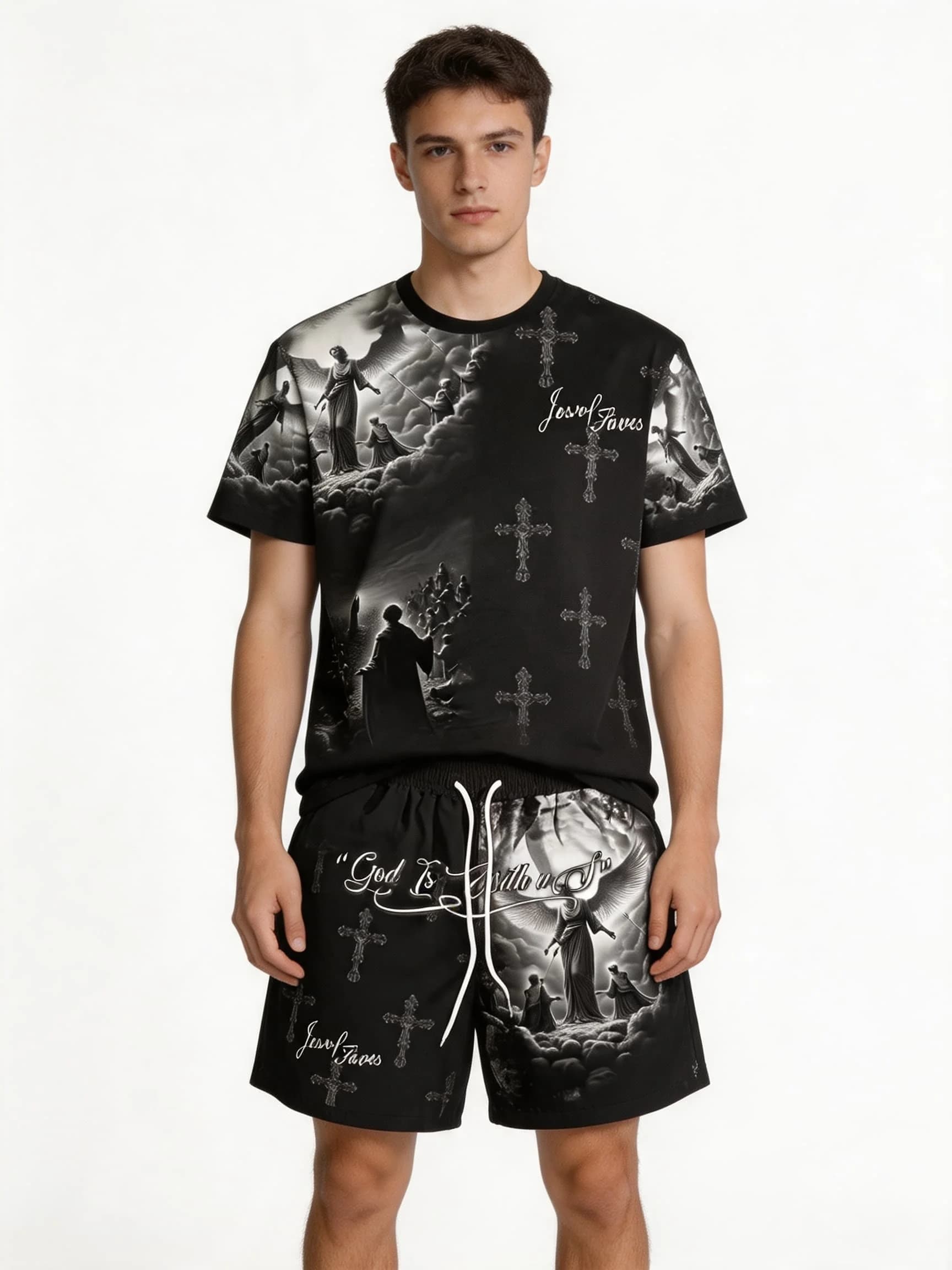 Angel Christ Printed Outdoor Casual Tees Women Suit Short Sleeve Shorts Set Quick Dry Men's T Shirt Tracksuit 2 Piece Set