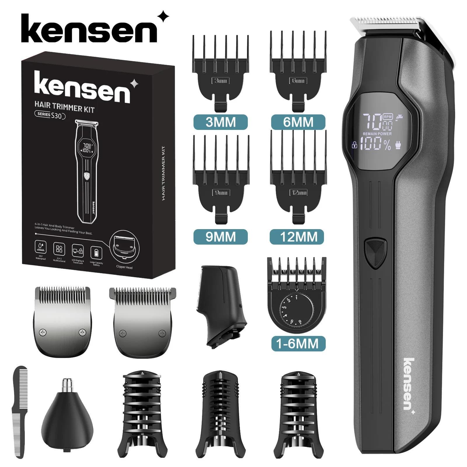 Kensen S30 Battery Cutters 4 in 1 LED Display Man Barba/Nariz Trimmer Rechargeable Barbiere Haircutting Kit