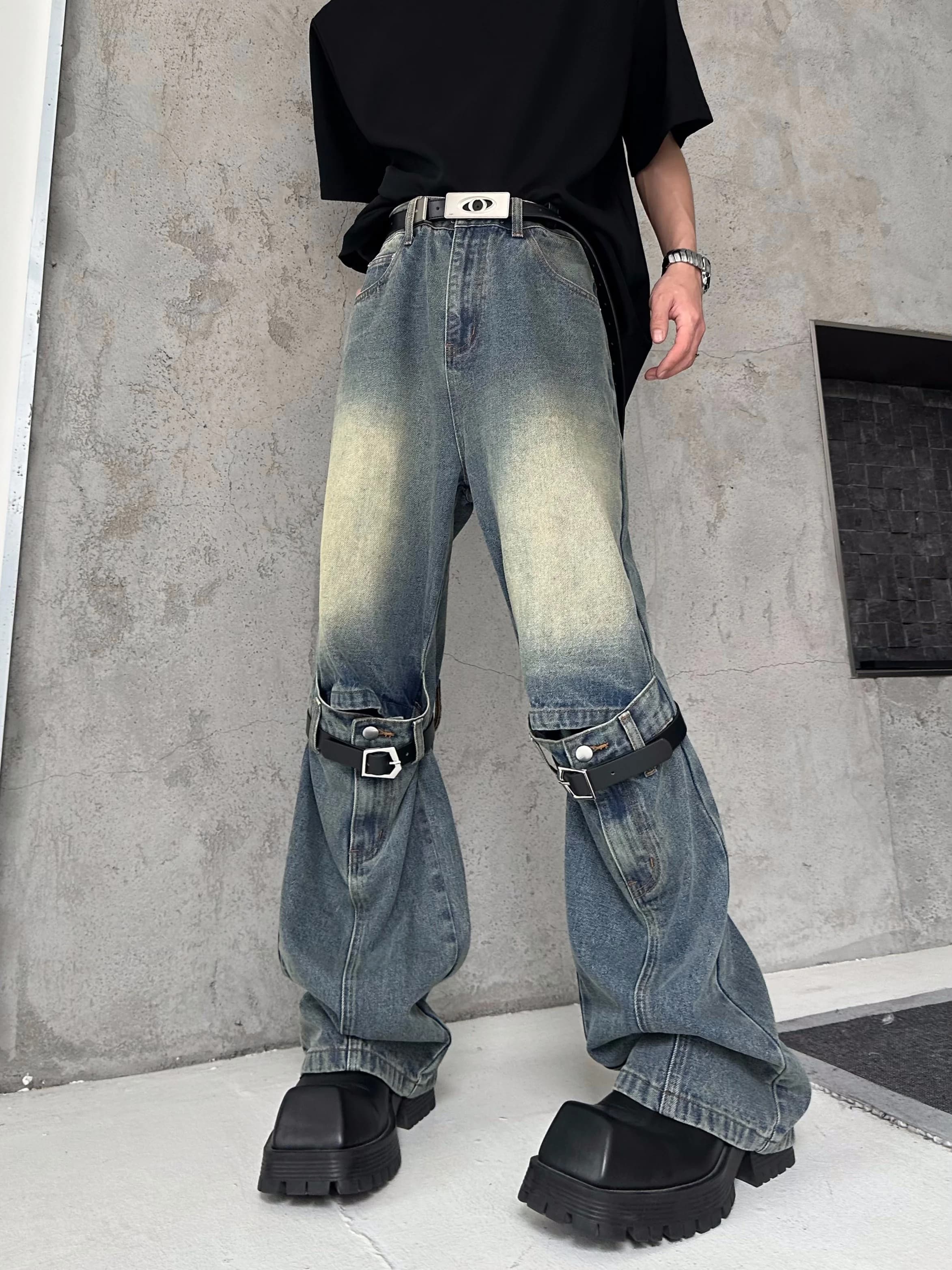 Original Deconstructed Design Loose Straight Leg Jeans Summer Casual Long Trousers Trendy Belted Loose Jeans Straight Cut