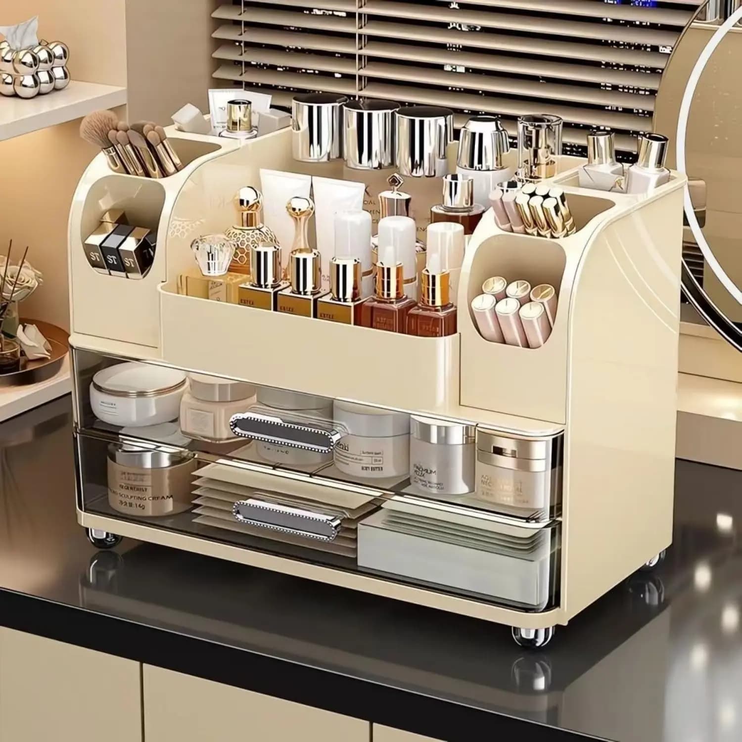 Organizer for Trucchi with Drawers for Toeletta, Organizer for Bathroom with Brush Door, Cosmetic Container for Lipsticks, Slices, Profumi, Palette Ombretti (Crema)