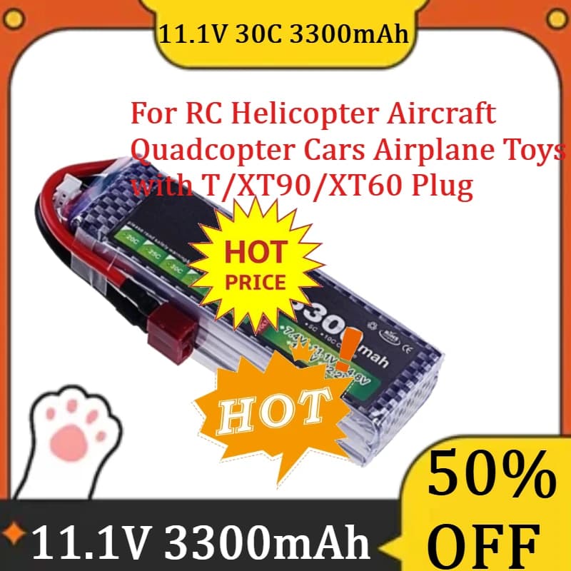 Batteria LiPo 3300mAh 11.1V 3S 30C Nuova con Connettore T/XT90/XT60 per Elicotteri RC, Quadricotteri, Auto e Aerei Giocattolo
