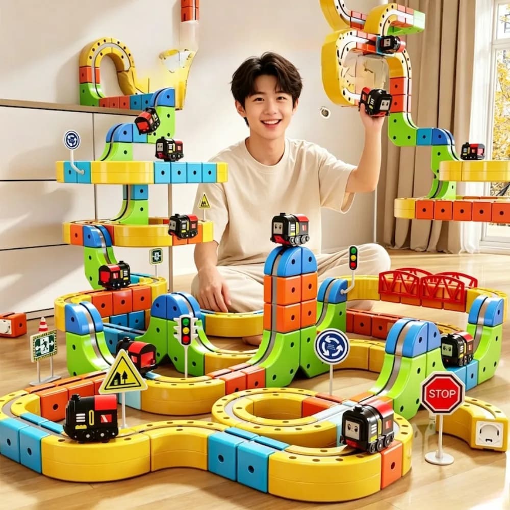 62/105/167PCS Magic Cube Magnetic Car Toy DIY 3D Building Tracks Cube Anti-Gravity Electric Rails Train Christmas Birthday Gift