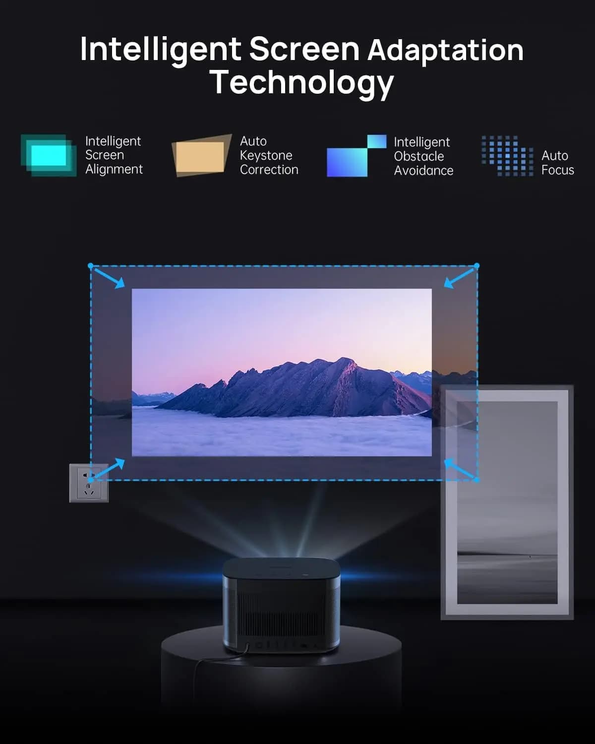 Proiettore 4K, 1500 lumen ISO, proiettore cinematografico 10.0 con altoparlanti integrati, adattamento automatico dello schermo Keystone Proiettore Home Theater