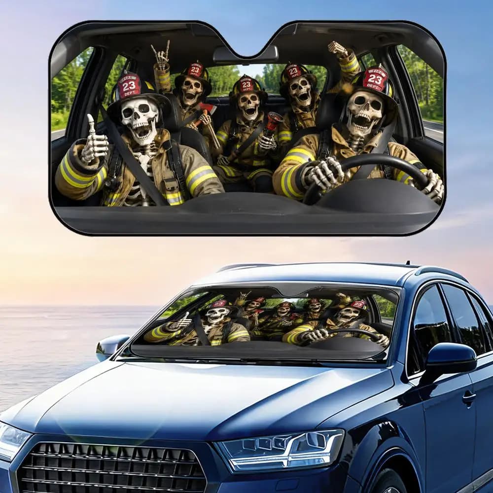 Divertente scheletro in uniforme da pompiere, visiera parasole per auto, protezione UV, copertura riflettente pieghevole per isolamento termico