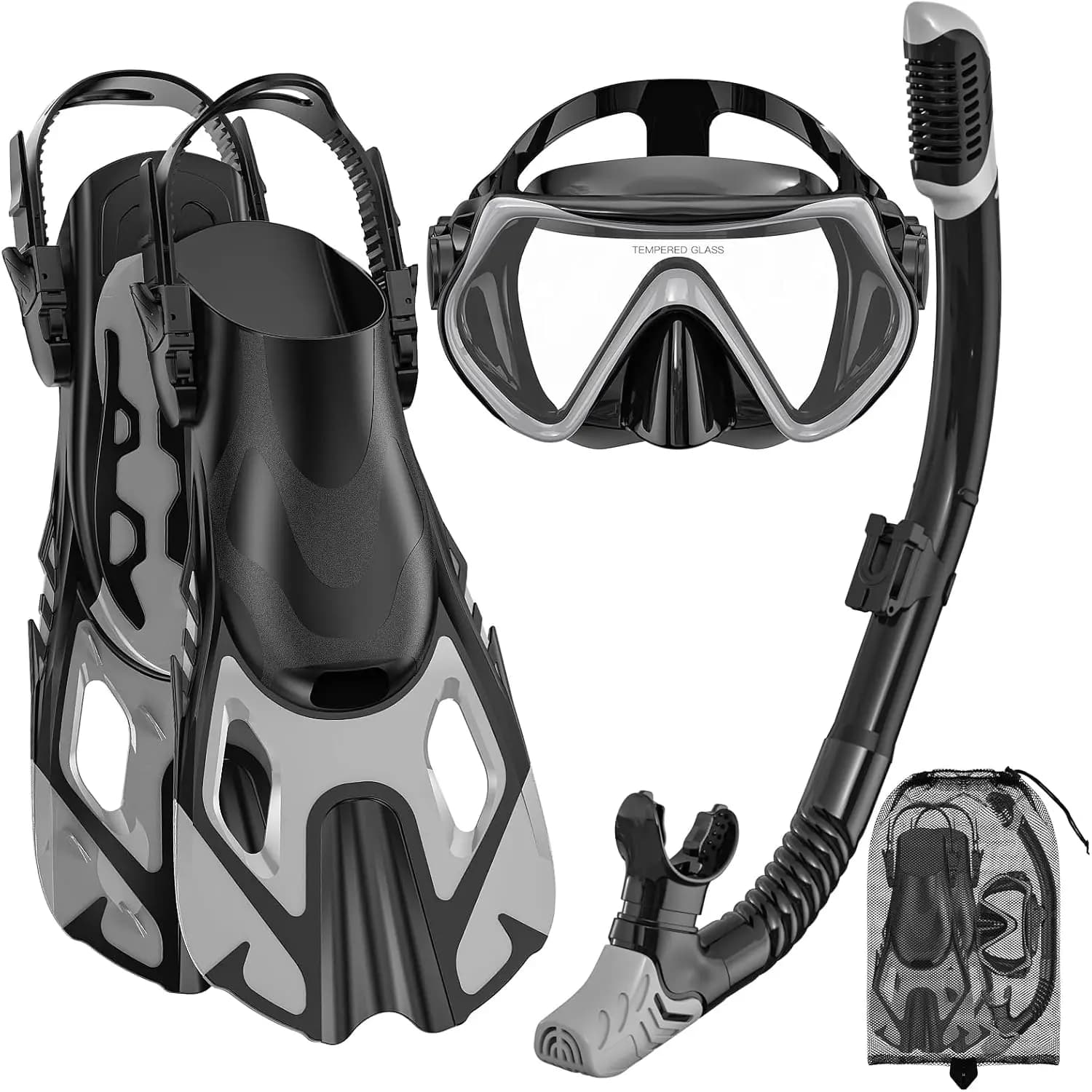 Snorkeling Set for Adults with Dry Top Boccaglio, Anti-Appannament Panoramic Mask, Adjustable Pins for Diving and Travel
