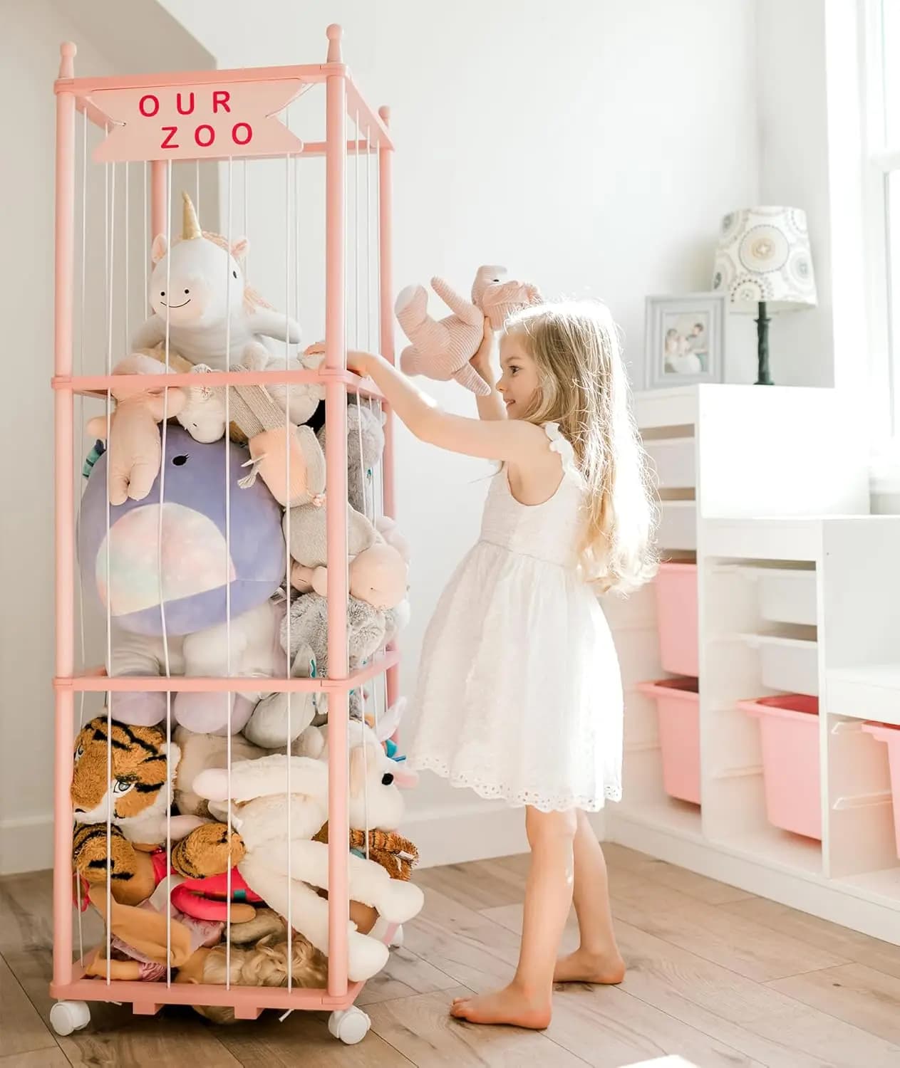 Organizzatore per Giocattoli in Legno Rosa, Portaoggetti Verticale da 137 cm per Cameretta, Sala Giochi, Camera da Letto