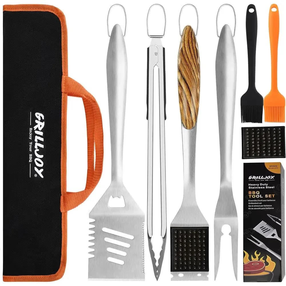 Set di 8 Utensili per Barbecue Resistenti con Spatola, Forchetta, Pinze e Spazzola in Acciaio Inox Spesso - Kit Completo di Accessori per Griglia