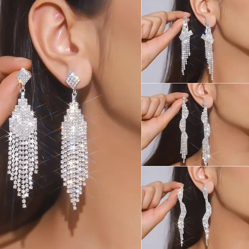 Fashion Long Tassel Crystal Drop Earrings for Women Silver Color Rhinestone Dangle Earring Wedding Party Jewelry