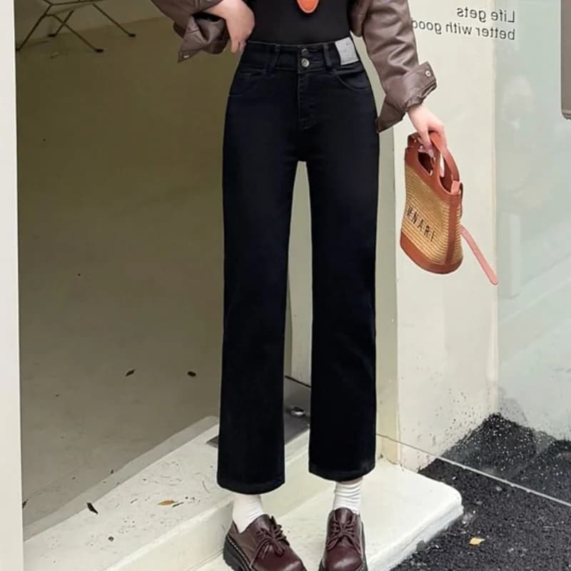 Lady Chic Double Button High Waist Solid Pants Jeans Girls Thin Narrow Ankle Length Pants Female Korean Straight Leg Jeans