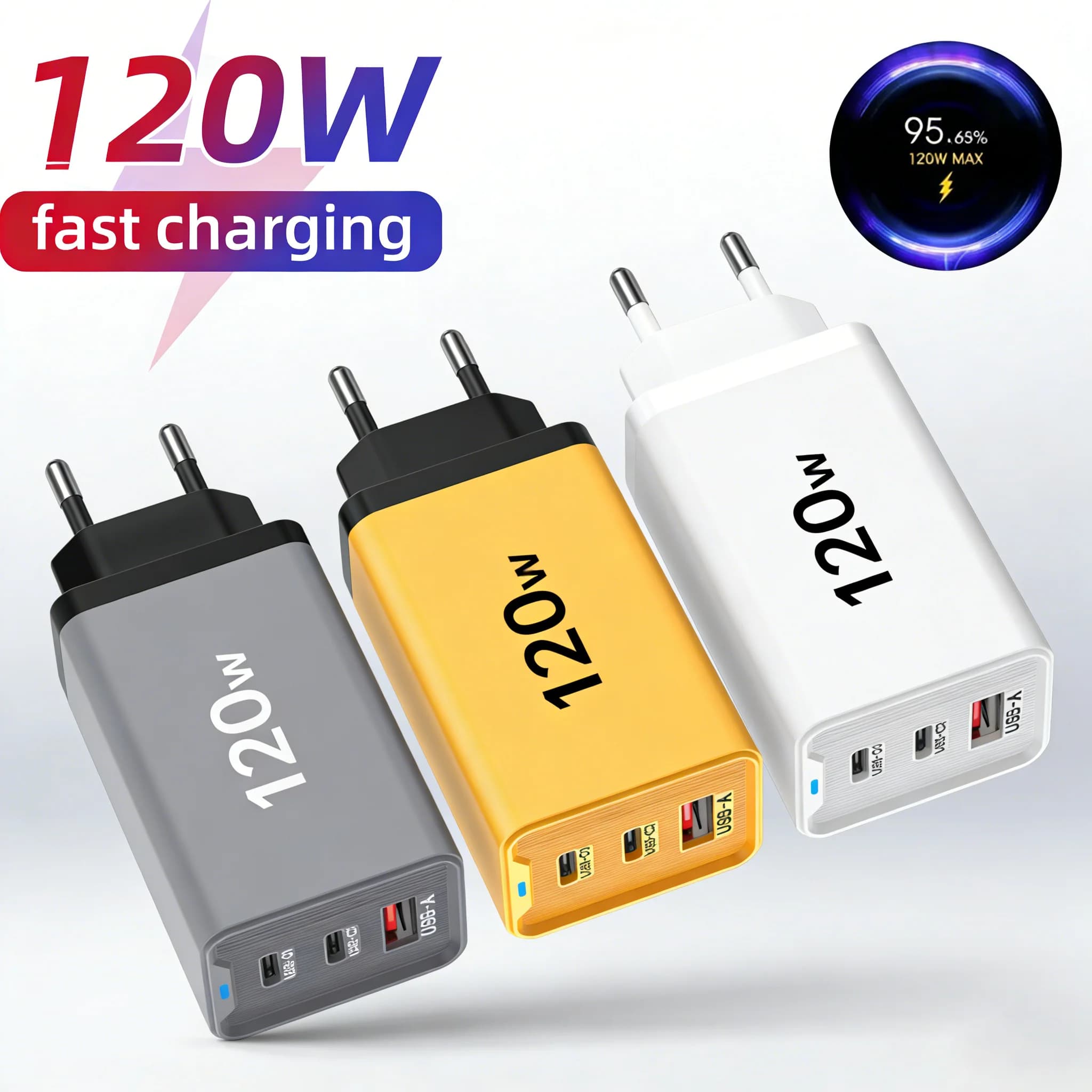 Caricatore USB C Rapido 120W con 3 Porte PD QC3.0, Adattatore da Viaggio per Ricarica Veloce per iPhone Samsung Xiaomi Huawei Poco