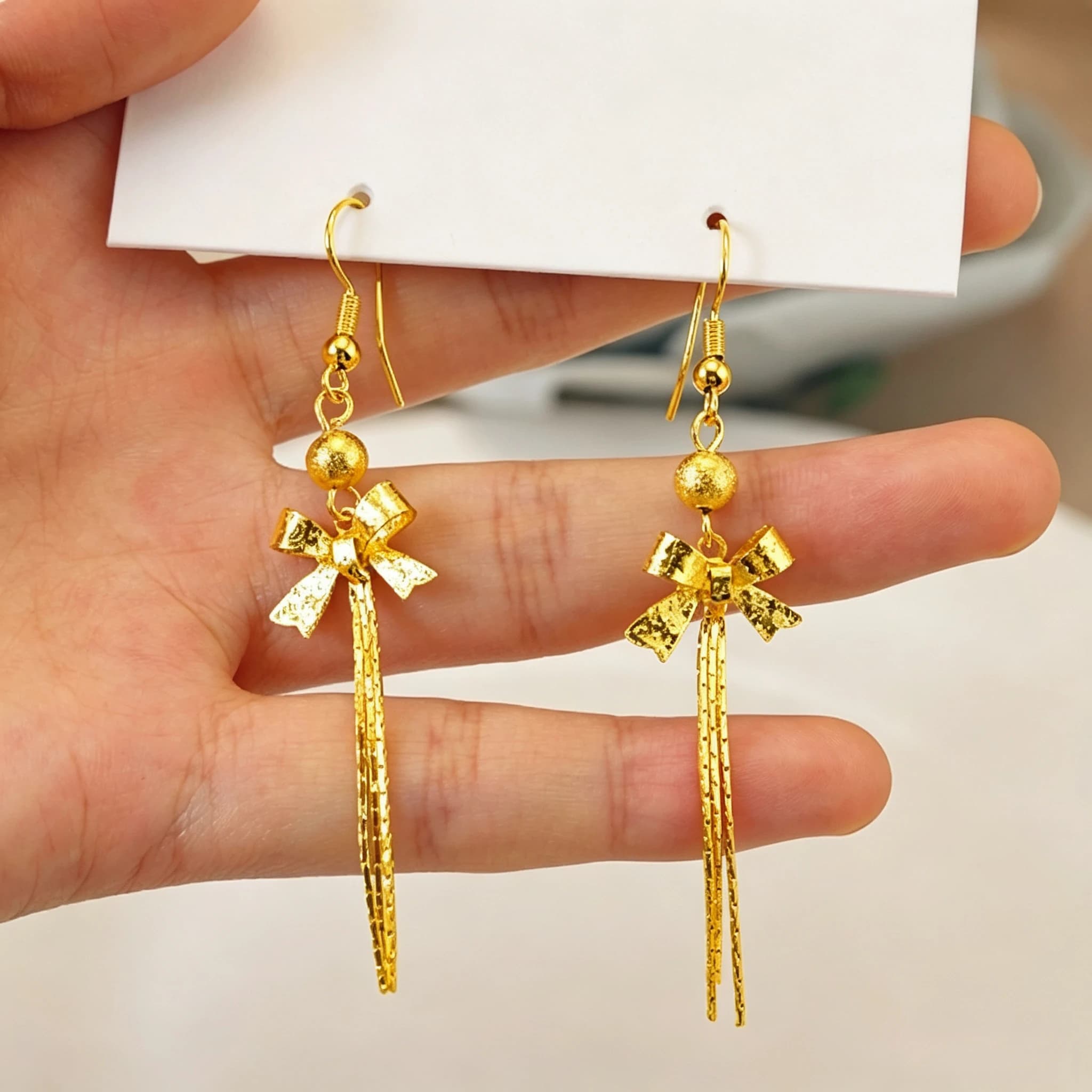 Gold Bow Tassel Long Dangle Earrings Bead Chain Hook Drop Earrings Women Fashion Wedding Jewelry