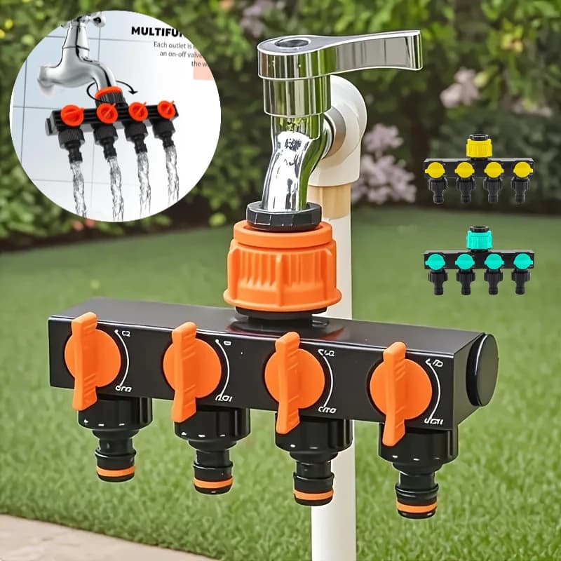 Divisore per Tubo da Giardino a 4 Vie per Irrigazione Domestica, Connettore per Rubinetto con Quattro Interruttori Indipendenti