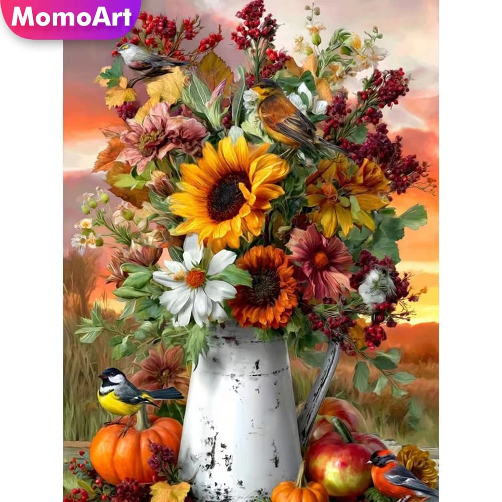 Momoart Kit Pittura Diamantata Fai da Te Girasole, Adatto per Principianti, Mosaico Diamantato Completo Quadrato e Rotondo, Vaso, Regali per le Feste