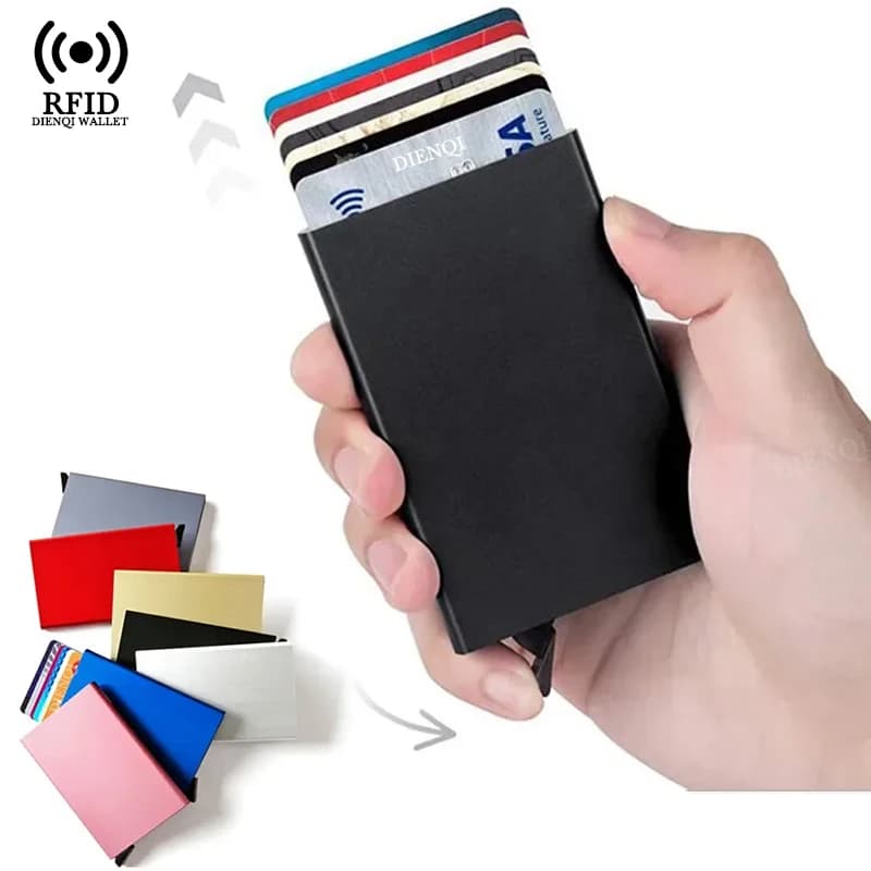 V Acest Porta carte Slim Rfid Business Porta carte di credito Porta carte di credito automatico Pop Up Custodia in metallo Portafogli minimalisti per uomo Donna
