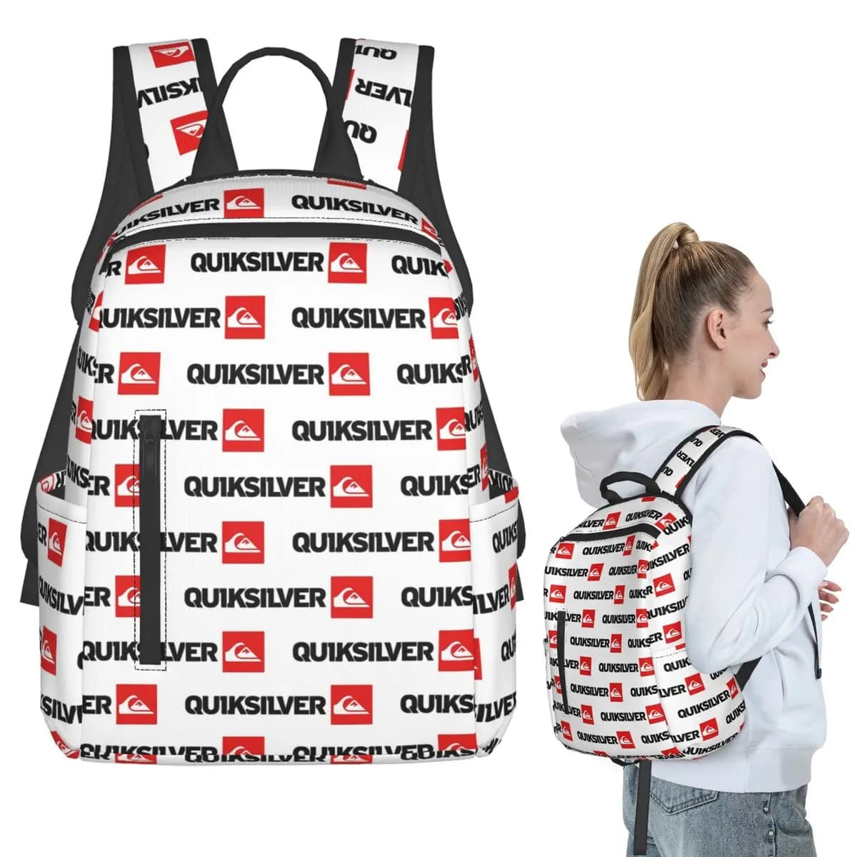 Zaino Nero QuikSilvs con Piccolo Logo Laterale, Borsa per Libri Scolastici, Zaino per Computer, Borsa a Tracolla per Ragazzi e Ragazze