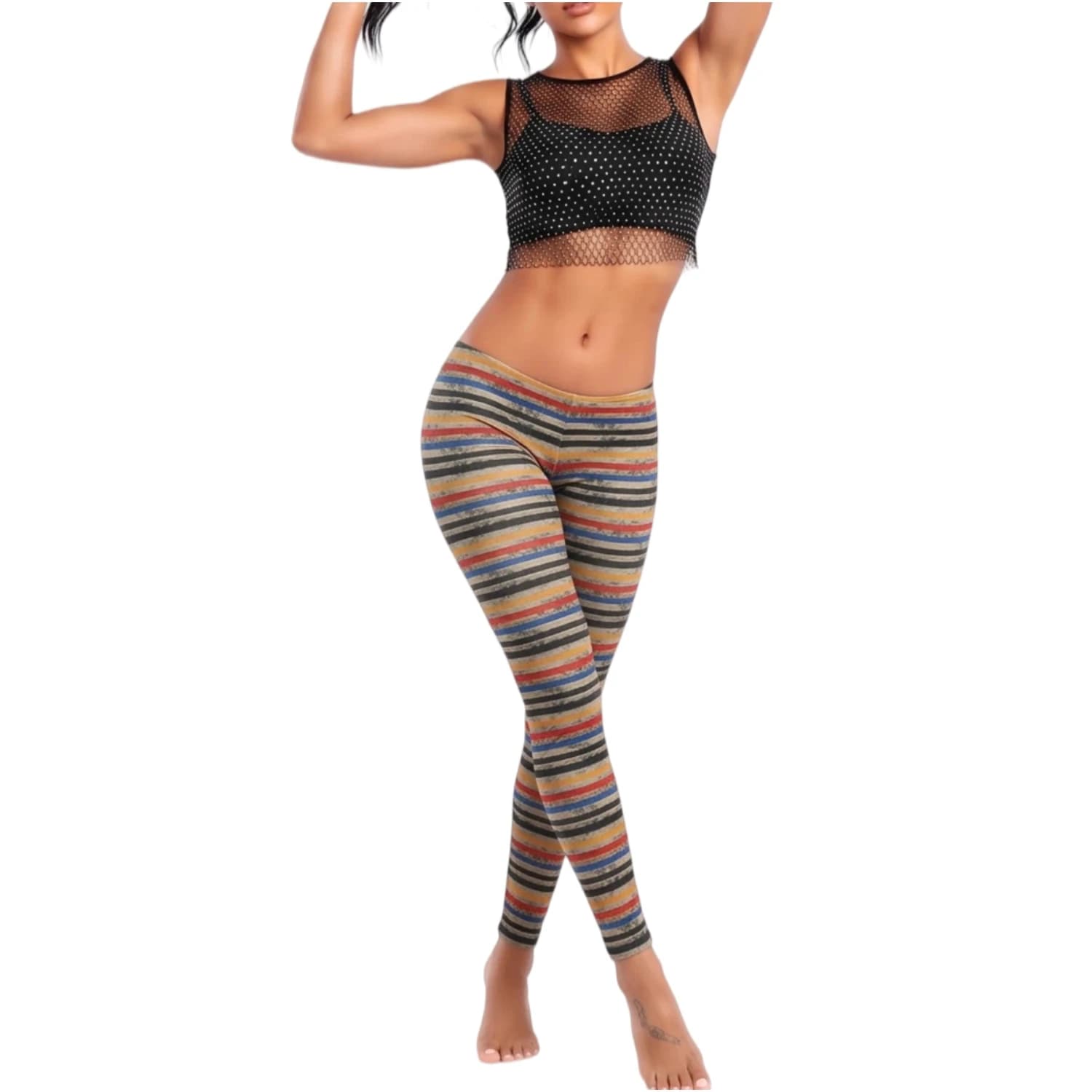 Women Multicolor Striped Leggings High Waist Stretchy Full Length Casual Workout Pants