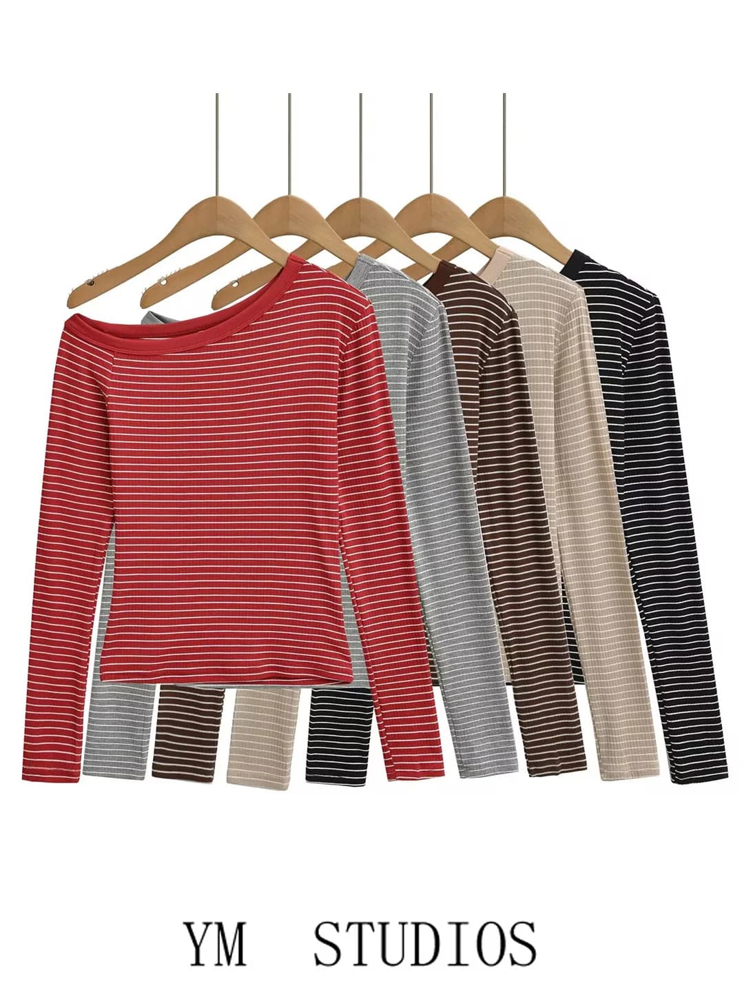T-shirt a maniche lunghe a righe bicolore con spalla asimmetrica sexy, stile American Hot Girl da donna, top traspirante in cotone e poliestere