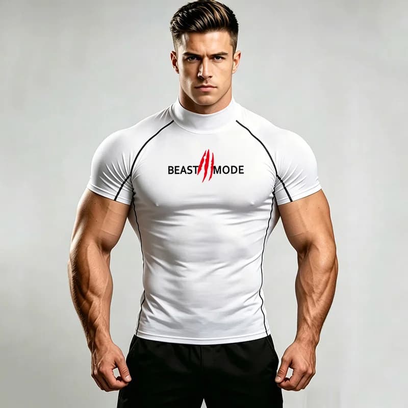 Men High Neck Compression T-Shirt Bodybuilding Sportswear Short Sleeve Quick Dry Workout Shirts Tops Tees Gym Running T-shirt