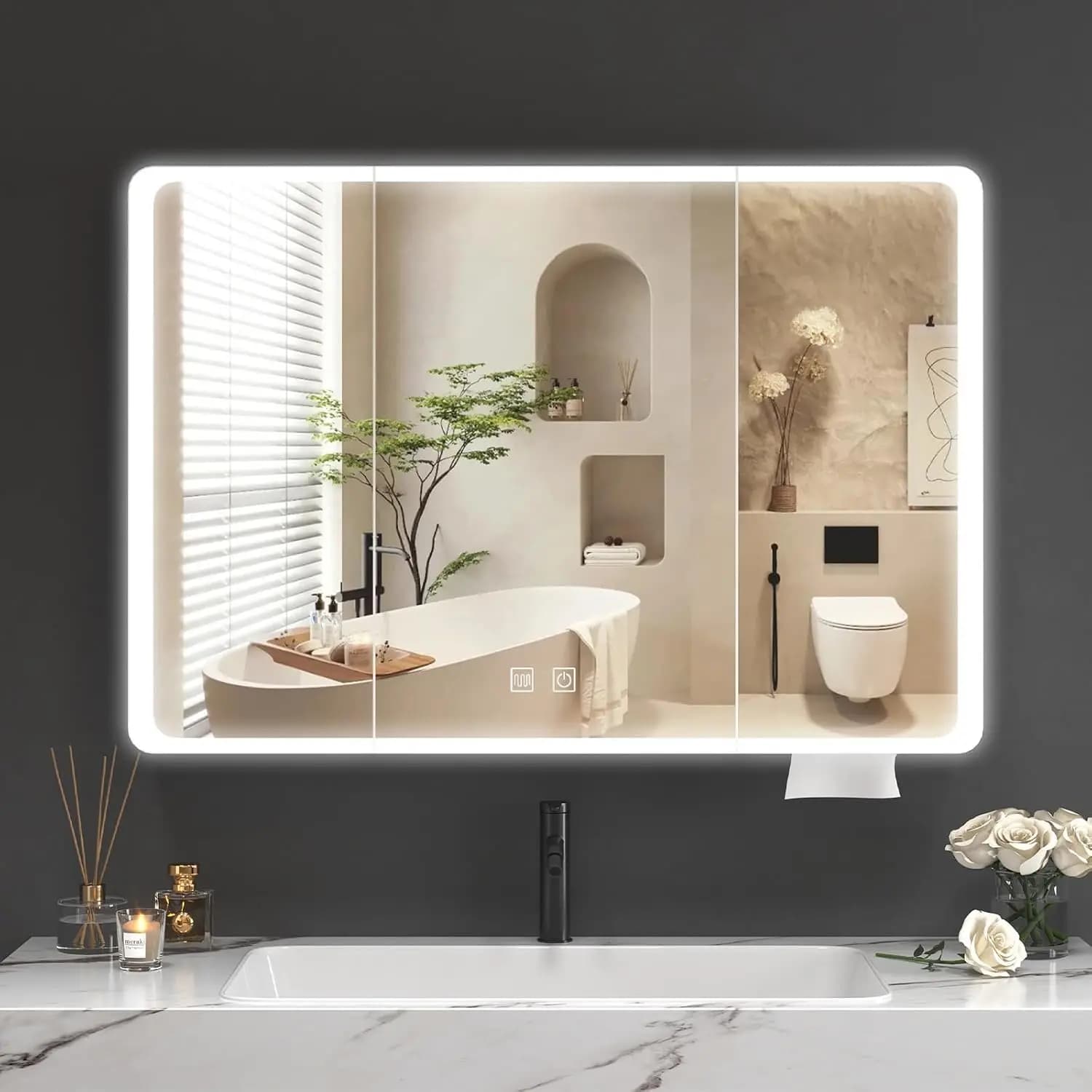 Armadietto da Bagno a LED con Specchio, Grande Armadietto Medicinali da Parete con Funzione Anti-Appannamento, 8 Ripiani, 3, Personalizzabile