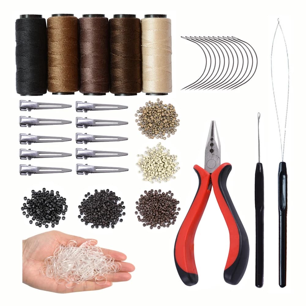 Hair Extension Tools Kit 500 Silicone Lined Ring Beads,1 Pliers,10 Hair Clips,5 Rolls Sewing Threads,350 Rubber Bands