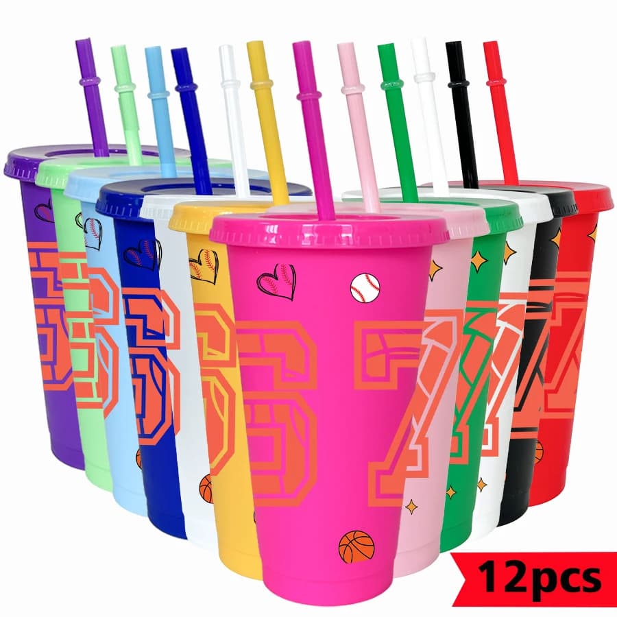 12Pcs/pack sports elements pattern 26oz colorful plastic tumbler birthday party drinking utensils homecoming water cup