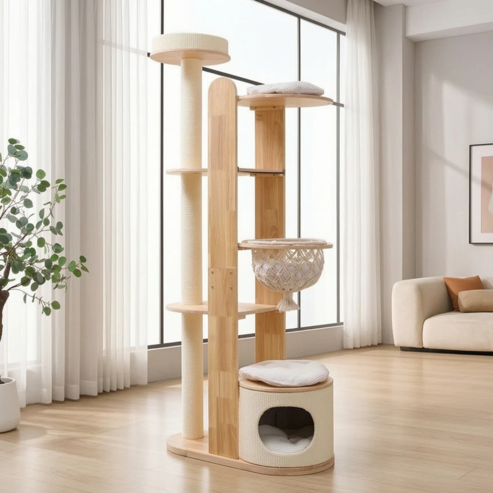 Cat Tree with Clear Bowl Solid Wood Wooden Cat Cat Structure with Scratching Posts Pet Furniture Floor-Standing Modern for Cats