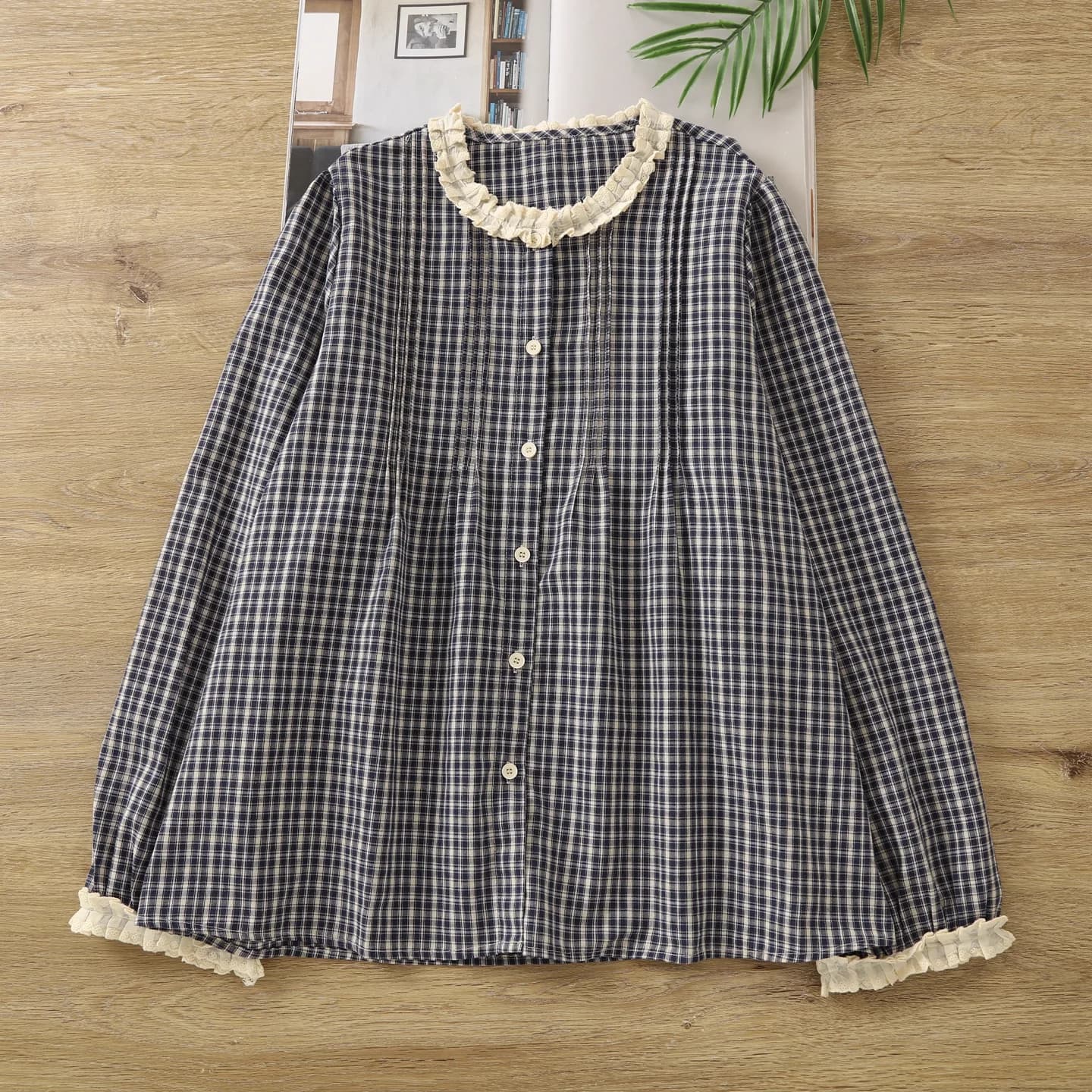 Busto 108 cm Mori Kei Abbigliamento Stile giapponese Colletto in pizzo di cotone Camicie e camicette a quadretti Camicie a quadri da donna
