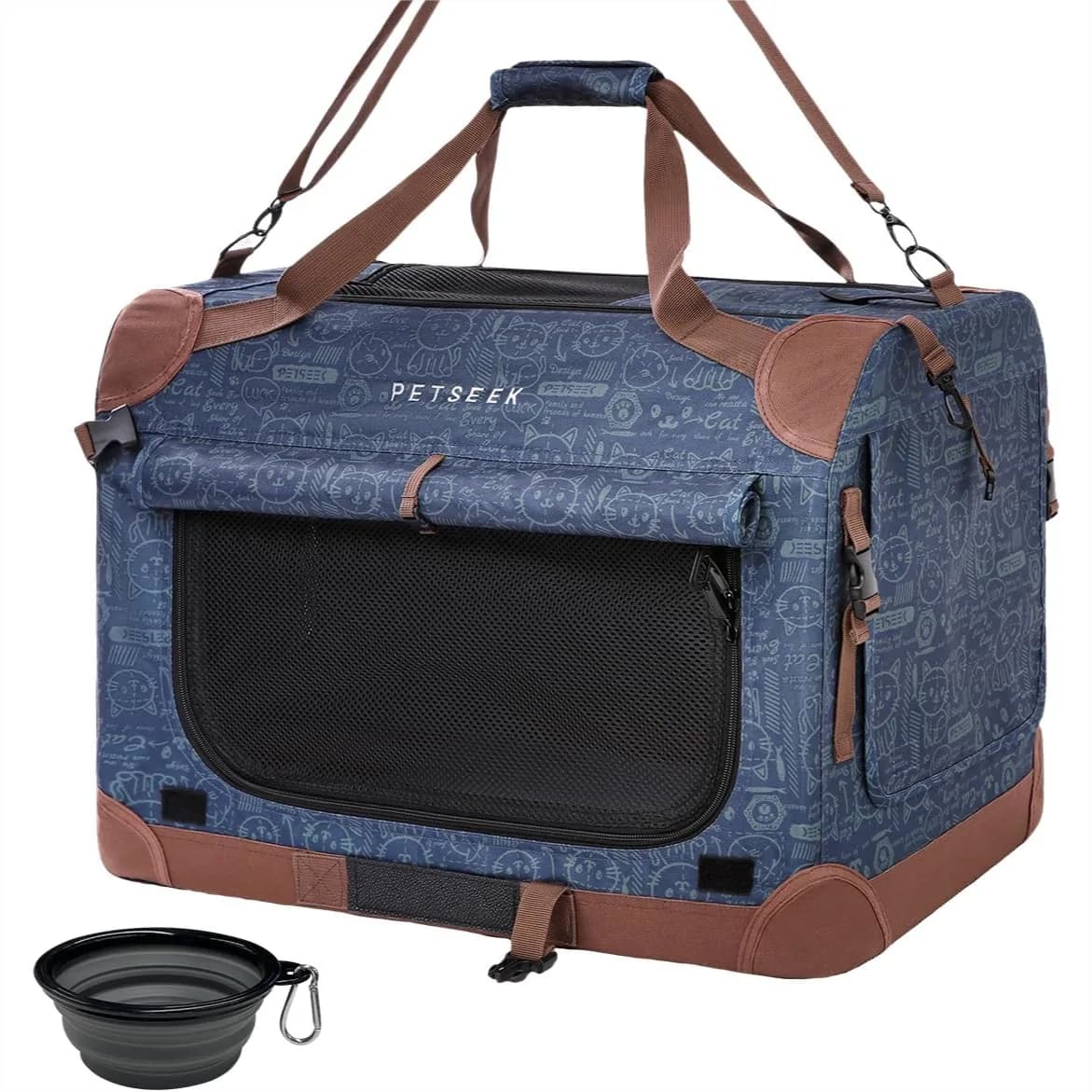 Trasportino Extra Large per Gatti, Morbido e Portatile, per 2 Gatti, 24x16.5x16, Pieghevole da Viaggio con Tende, Blu Navy